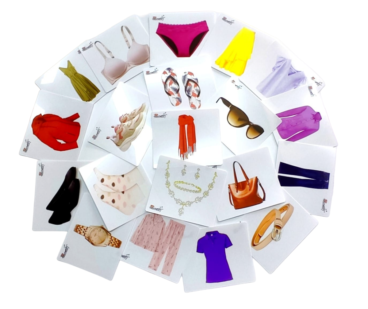 Flash card fotografía real de prendas de vestir y accesorios femeninos.