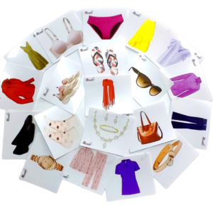 Flash card fotografía real de prendas de vestir y accesorios femeninos.